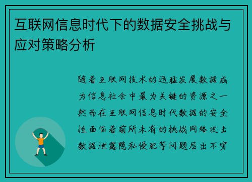 互联网信息时代下的数据安全挑战与应对策略分析